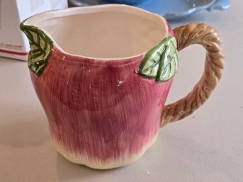 Vintage Majolica Style Apple Pitcher Pink Green Leaf Rope Handle Ceramic