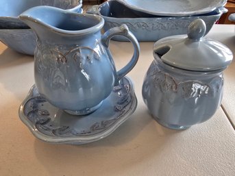 Longaberger Vintage Vine Blue Mist Creamer Underplate & Covered Sugar 3-Pc Set