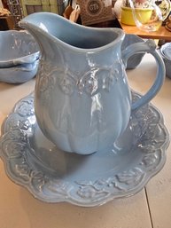Longaberger Vintage Vine Blue Mist Large Pitcher & Basin Set 10' Pitcher 13' Bowl