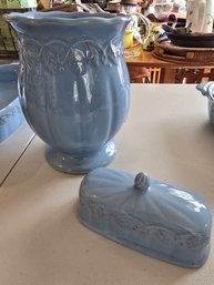 Longaberger Vintage Vine Blue Mist Utensil Holder & Butter Dish Lid 2-Pc Set