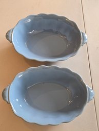 Longaberger Vintage Vine Blue Mist Oval Serving Bowls Set Of 2- 14.5' Scalloped Edge