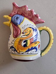 Italian Majolica Rooster Pitcher F.lli Mari Hand-Painted Deruta Style Griffin Floral