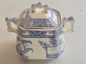 Antique Davenport Mersey Blue White Transfer Ware Covered Sugar Bowl As-Is England