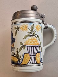 Vintage German Faience Beer Stein Pewter Lid 1745 Engraved Woodcutter