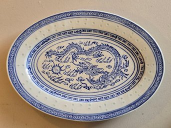 Vintage Chinese Blue White Rice Grain Porcelain Oval Platter Dragon Phoenix Made In China