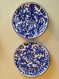 Vintage Italian Hand-Painted Blue White Pottery Plates Folk Art Floral Signed Pair