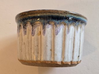 Stone Soldier Pottery Jacksonville VT Stoneware Ramekin Blue Drip Glaze Ribbed