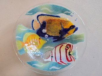Vintage Sydenstricker Fused Art Glass Shallow Bowl Multicolor Tropical Fish Very Good