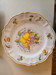 Vintage Italian Hand-Painted Majolica Plate Fruit Floral Scalloped Yellow Rim 14.5'