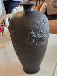 Vintage Chinese Yixing Style Zisha Black Stoneware Vase Embossed Dragon Meiping
