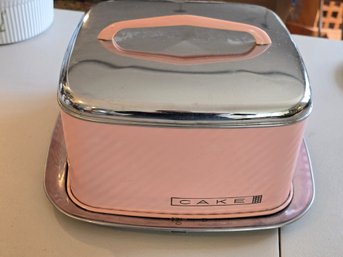 Vintage Pink Metal Cake Carrier Chrome Lid Square Mid-Century Kitchen