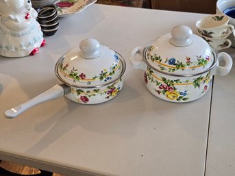 Vintage Wiener Email Austria Floral Enamel Lidded Pots Set Of 2 Cookware