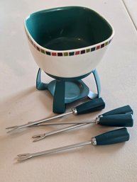 Ceramic Chocolate Fondue Set Teal Mosaic Border Bowl Stand 4 Forks Tealight