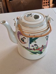 Vintage Jingdezhen Chinese Porcelain Teapot Famille Rose Figures Rattan Handle