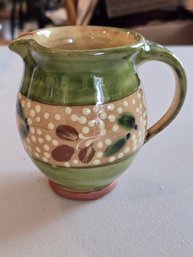 Vintage French Terracotta Pitcher Green Glaze Olive Branch Slip Dot Provenal