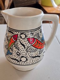 Dishes & Deco Hand Made Ceramic Pitcher Colorful Fish Dot Folk Art AS-IS