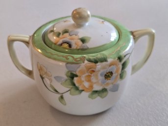 Antique Nippon Hand Painted Porcelain Sugar Bowl Green Floral Gold Two Handle