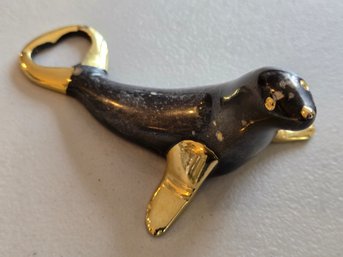Vintage Seal Sea Lion Figural Bottle Opener Black Enamel Gold Tone Metal
