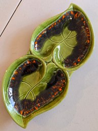Vintage Santa Ana Ware California Pottery Leaf Dish Drip Glaze Green Orange R-151