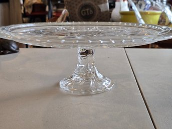 Vintage Crystal Glass Pedestal Cake Stand Etched Floral Scroll Pattern Clear