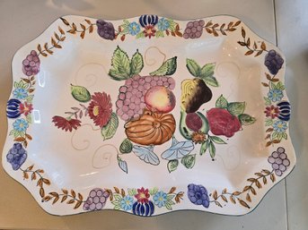 Vintage Hand Painted Faience Platter Fruit Floral Scalloped Edge Large