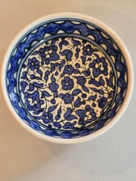 Vintage Turkish Hand Painted Pottery Bowl Blue White Floral Arabesque