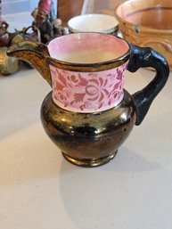 Antique English Copper Lustre Pitcher Pink Band Hand Painted Staffordshire