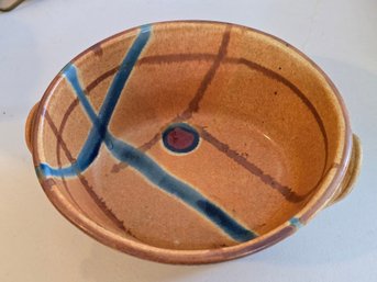 Vintage Studio Pottery Stoneware Bowl Double Handle Tab Abstract Blue Brown