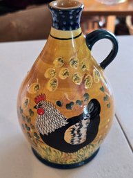 Vintage Hand Painted Ceramic Jug Rooster Folk Art Yellow Blue Handle Floral Border Italy Style
