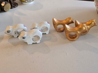 Vintage Wood Animal Napkin Rings Set Of 6 Hand Painted Pig Hen Folk Art Farmhouse Table Decor
