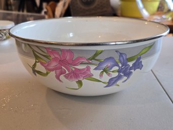 Vintage Enamelware Bowl White Pink Purple Iris Floral Metal Rim Large Basin Farmhouse Kitchen