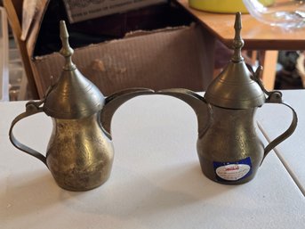 Vintage Yemeni Brass Dallah Coffee Pot Pair Engraved Floral Arabic Middle Eastern Sanaa Yemen