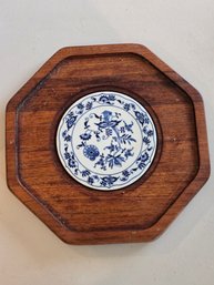 Vintage Blue Danube Blue Onion Ceramic Tile Trivet Dolphin Genuine Teakwood Octagonal Tray Thailand