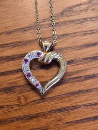 Stefani Argento Italy 925 Sterling Silver Gold Vermeil Ruby Diamond Heart Pendant Necklace 17'