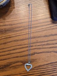 Intage Silver Tone Rhinestone Open Heart Pendant Necklace Clear Crystal Pave 15'