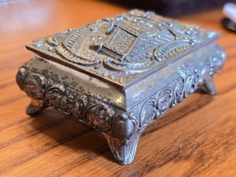 Vintage Silver Tone Footed Jewelry Trinket Box Romantic Courtship Scene Red Velvet