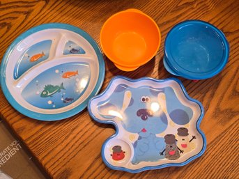 Toddler Kids Plastic Divided Plate Bowl Lot Blue's Clues Fish Plate First Essentials AS-IS