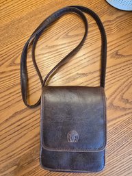 Vintage Brown Leather Crossbody Shoulder Bag Flap Closure Embossed Hiker Tree Logo