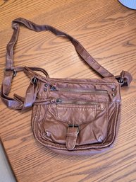 Worn Brown Faux Leather Crossbody Shoulder Bag Multi Pocket Zip Buckle Detail