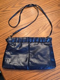 Vintage Navy Blue Leather Shoulder Bag Ruffle Top Edge Gold Hardware Crossbody Clutch Purse