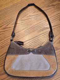 Vintage Brown Tan Two-Tone Suede Leather Shoulder Hobo Bag Perforated Silver Hardware Zip