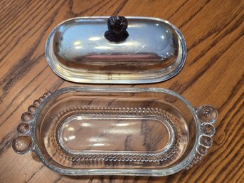 Vintage Silver Plate Butter Dish Beaded Glass Insert Ornate Finial Lid Serving