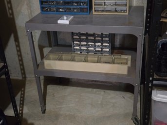 Vintage Industrial Metal Shop Work Table Rolling Casters 2-Tier Lower Shelf Gray