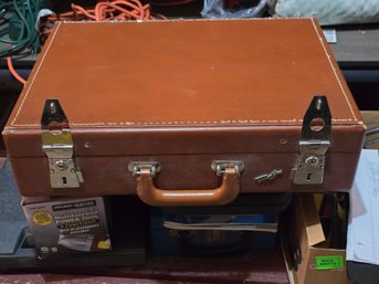 Vintage Traveljoy Hard Briefcase  Brown Faux Leather  Chrome Latches & Lock  Used