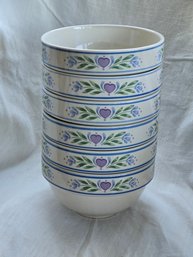 Vintage Tienshan Stoneware Laurel Hearts Set Of 6 Cereal Bowls Blue Purple Floral Folk Art