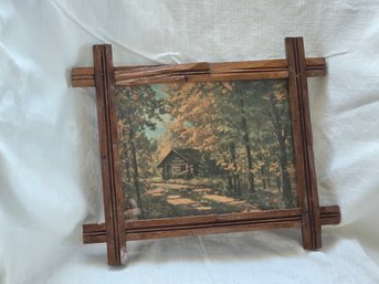 Vintage Log Cabin Autumn Forest Color Print Rustic Cross Corner Wood Frame Americana Cabin Decor