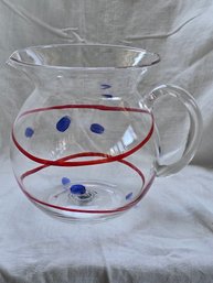 Houston Harvest Gift Products Clear Glass Pitcher Hand-Painted Red Stripe Blue Dots Patriotic