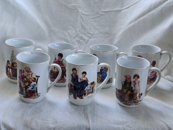 Norman Rockwell Museum Porcelain Coffee Mugs Gold Rim Americana Scenes Set Of 7 Vintage