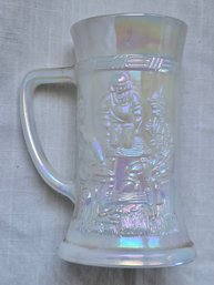 Vintage Federal Glass White Carnival Iridescent Beer Stein Mug Embossed Tavern Scene Heat Proof USA