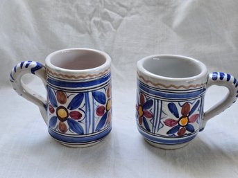 Vintage Talavera Pottery Mugs Hand-Painted Blue White Floral Folk Art Set Of 2